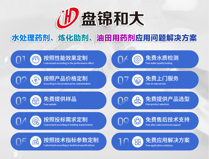 盤錦和大實(shí)業(yè)有限公司主要化工產(chǎn)品有水處理藥劑、煉化助劑和油田用藥劑。煉化助劑主要產(chǎn)品有：中和緩蝕劑、柴油抗磨劑、水溶中和緩蝕劑、油溶緩蝕劑、加氫緩蝕劑、無(wú)磷高溫緩蝕劑、連續(xù)重整緩蝕劑、延遲焦化緩蝕劑、加氫阻垢劑、破乳劑、延遲焦化破乳劑、延遲焦化消泡劑、油槳阻垢劑；水處理藥劑主要產(chǎn)品有：緩蝕阻垢劑、氧化型殺菌劑、非氧化型殺菌劑、黏泥剝離劑、預(yù)膜劑、酸性緩蝕劑、清洗劑、除油劑、絮凝劑、氨氮去除劑、除磷劑、反滲透阻垢劑、反滲透殺菌劑、還原劑等2